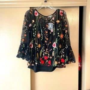 Kenar Black floral embroidered blouse with tank, women’s new with tags size XL